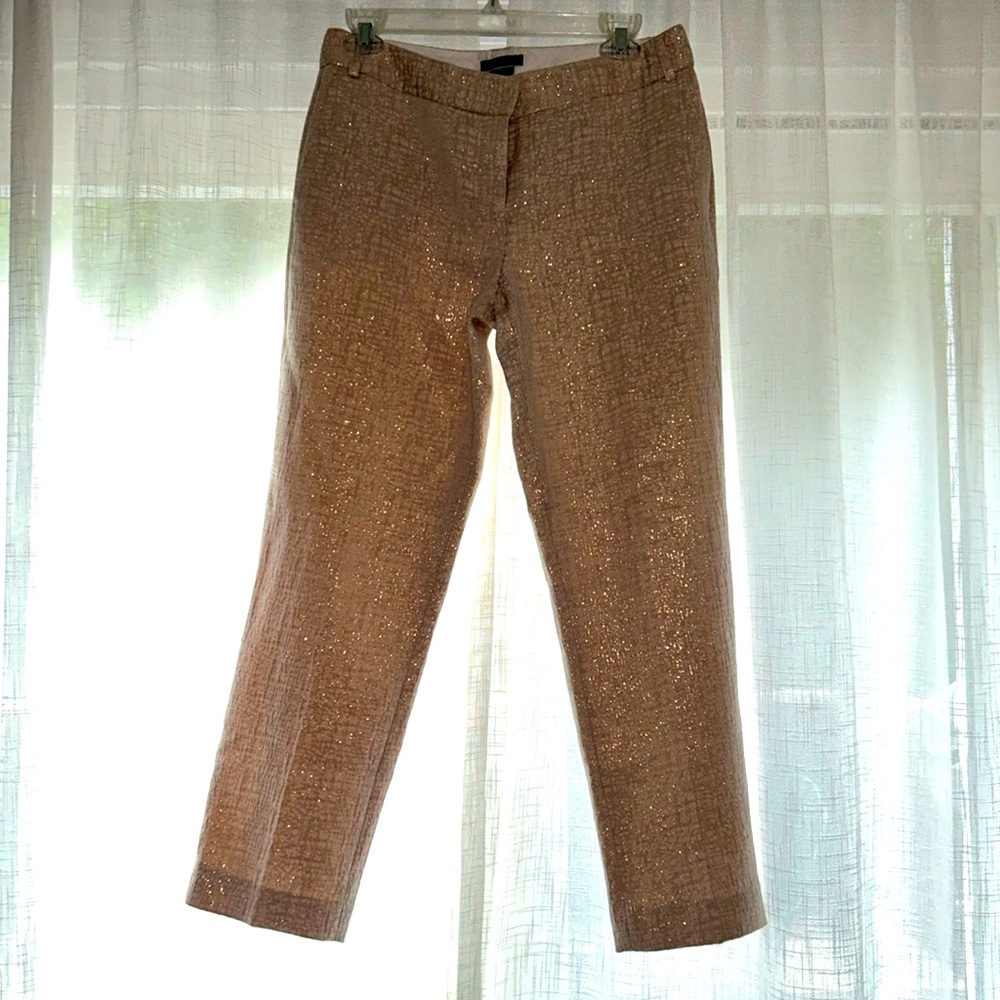 Express Editor Trousers. Size 4R. Shell pink with metallic champagne accents.